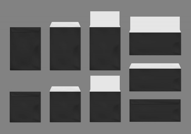 Kostenloser Vektor schwarzer umschlagschablonensatz. leere papierabdeckungen