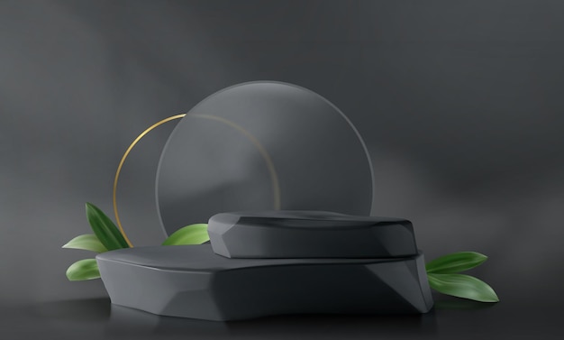 Kostenloser Vektor schwarzes 3d-produktpodium mit glas und grünem blatt geometrische felsplattform mit rauch und wand für natürliche güter anzeige realistisches vektor-mockup eines dunklen sockeln für kosmetik- und schönheitspräsentation