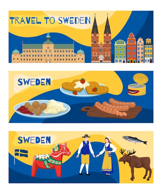 Schweden touristische horizontale banner mit kultursymbolen flach isolierte vektorillustration