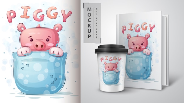 Schwein in tasse - plakat und merchandising.