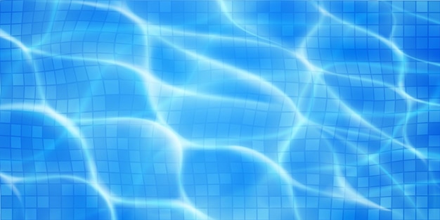Schwimmbadhintergrund mit mosaikfliesen, sonnenlicht und ätzenden wellen. draufsicht auf die wasseroberfläche. in hellblauen farben