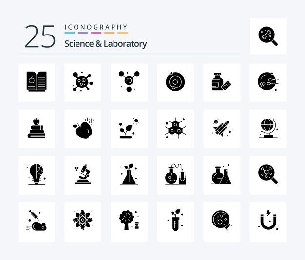 Science 25 Solid Glyph Icon Pack einschließlich Bildung Apfel medizinische Geschlechtszeugung