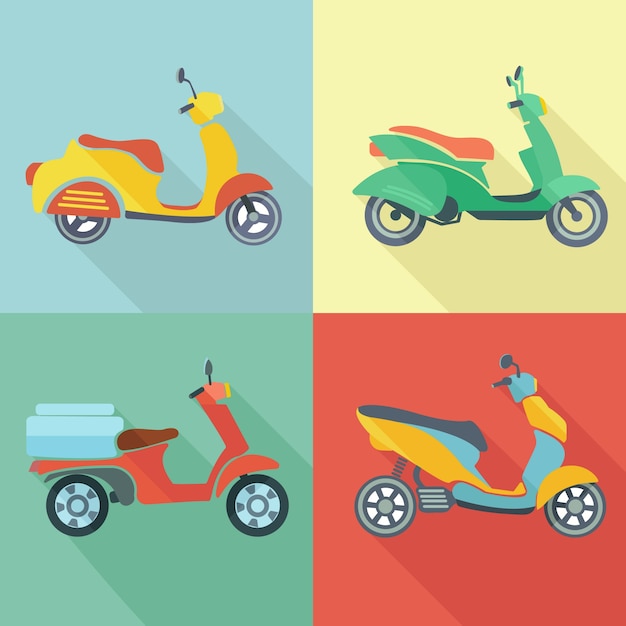 Kostenloser Vektor scooter retro transport jahrgang motorrad stadt reise-symbol flach satz vektor-illustration