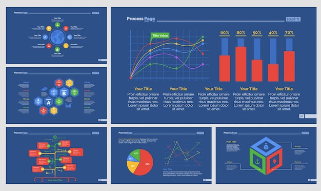 Kostenloser Vektor sechs forschungsdiagramme slide templates set