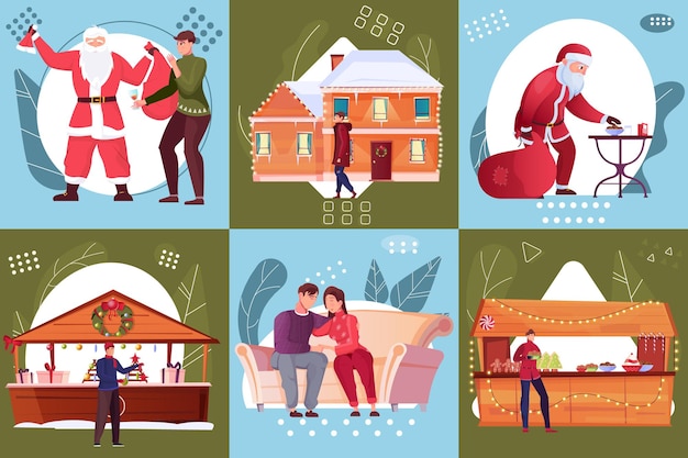 Sechs quadratische kompositionen zum thema frohe weihnachten mit souvenirständen im freien und weihnachtsmann mit geschenktüte flacher illustration