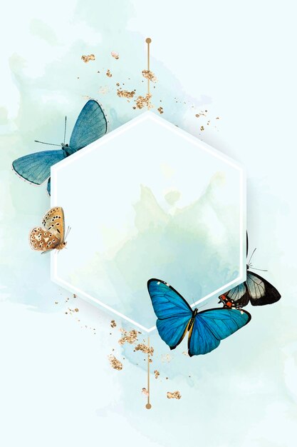 Sechskantrahmen mit blauem Schmetterlingsmusterhintergrund