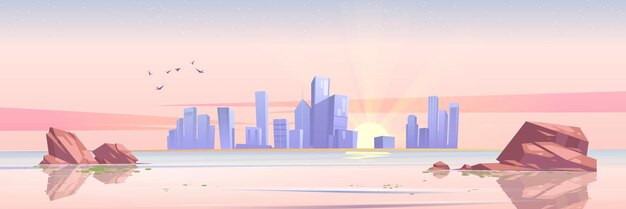 See oder Fluss mit Steinen im Wasser, Stadtgebäude und Sonne am Horizont bei Sonnenaufgang. Vektor-Cartoon-Illustration der Morgendämmerung, Meereslandschaft mit Wolkenkratzern auf der Skyline und fliegenden Vögeln am Morgen