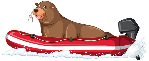 Seelöwe auf einem Motorboot im Cartoon-Stil