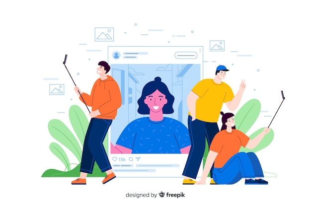 Kostenloser Vektor selbstfotokonzept mit den leuten, die fotos mit selfie stöcken machen