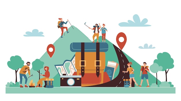 Kostenloser Vektor selbstgeführte camping-reise-cartoon-komposition mit online-kartenstandortsymbolen für touristen, die wandern