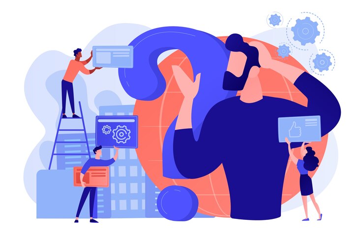 Selbstmanagement, Lebensberatung. Mann zweifelt, hinterfragt, Brainstorming. Identitätskrise, Delirium und geistige Verwirrung, verwirrtes Gefühlskonzept. Isolierte Illustration des rosa Korallenblauvektors