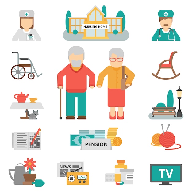 Kostenloser Vektor senior lifestyle flat icons set