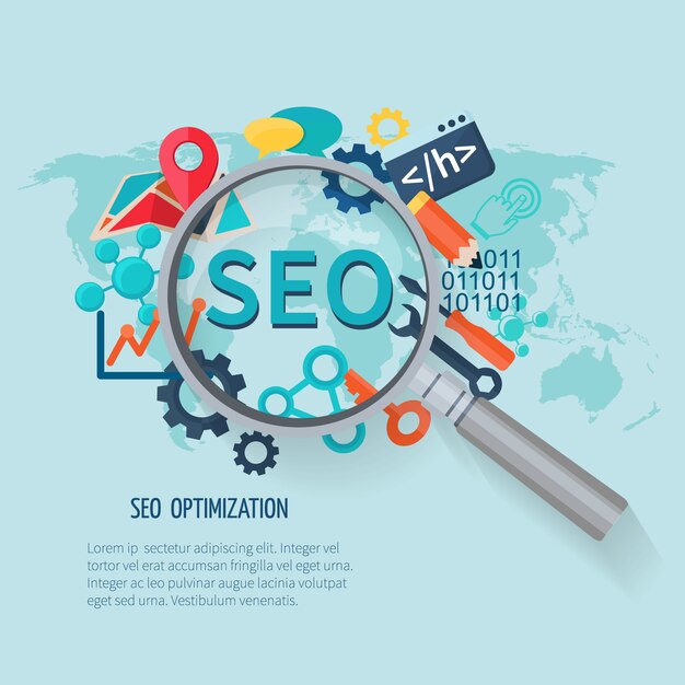 Seo-Marketingkonzept mit Forschungssymbolweltkarte und -vergrößerungsglas