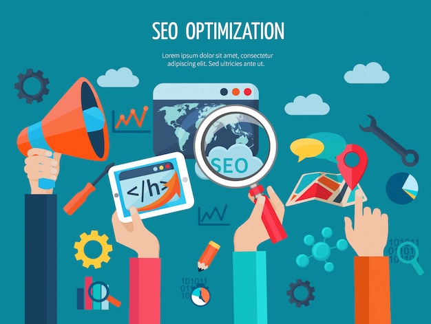 Seo Optimierungskonzept mit den flachen menschlichen Händen, die Programmierungsgeschäftssymbole halten