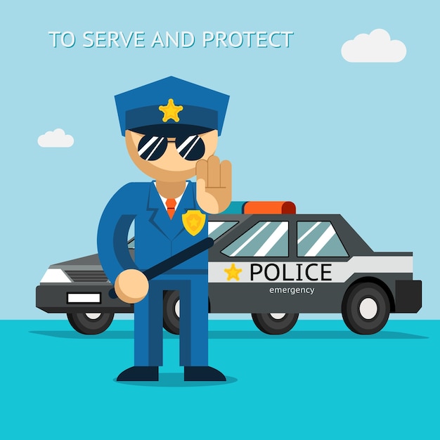 Kostenloser Vektor servieren und schützen. der polizist steht vor dem polizeiauto. sicherheitsmann, auto und offizier, polizist,