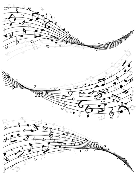 Kostenloser Vektor set aus drei verschiedenen wellenlinien oder notenzeilen mit zufällig verstreuten musiknoten in schwarzweiß
