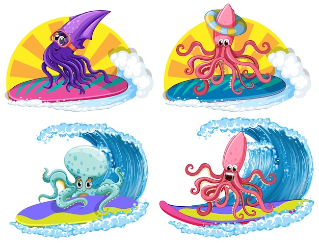 Kostenloser Vektor set aus tintenfisch- und oktopus-cartoon-zeichensatz