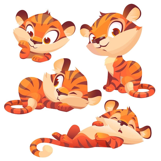 Kostenloser Vektor set cartoon baby tiger niedlichen tierjunges charakter animal