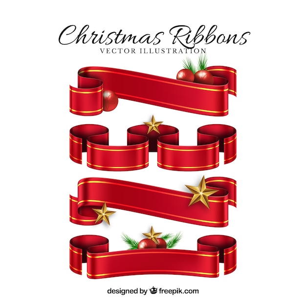 Kostenloser Vektor set dekorative rote weihnachtsbänder
