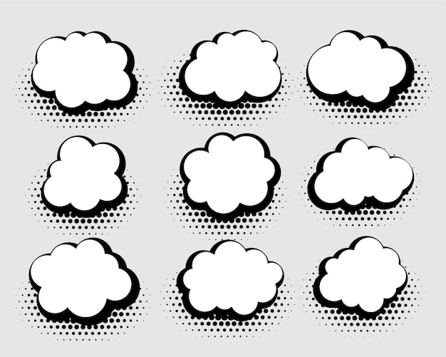 Kostenloser Vektor set flauschiger wolken-ikone im comic-stil
