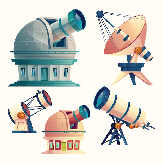 Kostenloser Vektor set mit astronomischen teleskopen, observatorien, planetarium, satellitenschüssel.