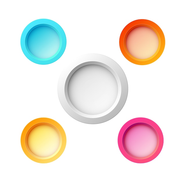 Set mit fünf bunten runden Knöpfen für Website, Internet oder Anwendungen mit verschiedenen Farben und Größen