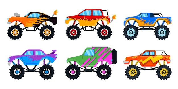 Kostenloser Vektor set mit schönem design auf offroad-auto auf weißem hintergrund, illustration