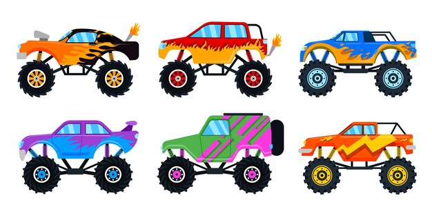 Set mit schönem Design auf Offroad-Auto auf weißem Hintergrund, Illustration