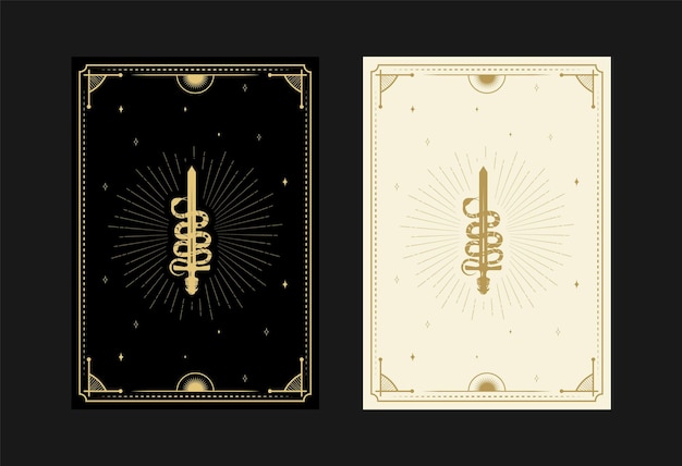 Set mystischer tarotkarten alchemistische doodle-symbole gravur von sternenschädel, schlangen und kristallen