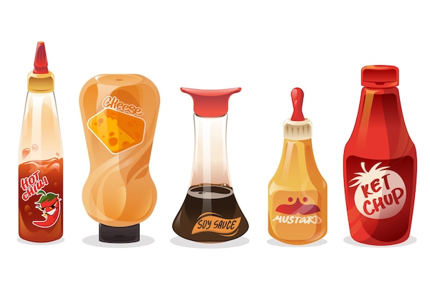 Set saucen und dressings in glas- und plastikflaschen