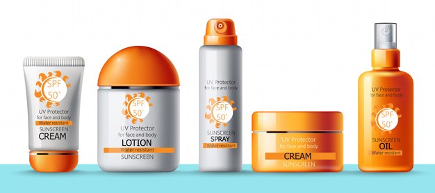 Set Sonnencreme, Lotion, Spray und Öl. UV-Schutz. Wasserdicht. Realistisch