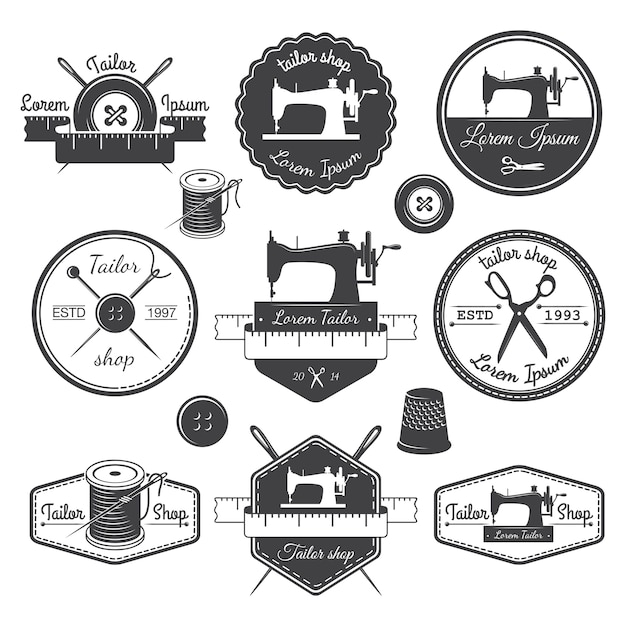 Kostenloser Vektor set vintage schneideretiketten, embleme und gestaltete elemente. schneiderei thema