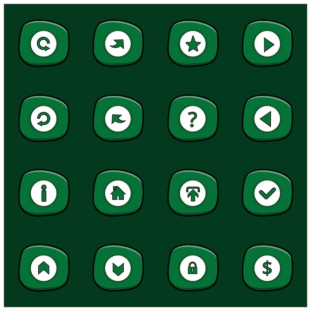 Set von 16 mix white icons auf abgerundeten grünen rechteck auf dunkelgrünem hintergrund cartoon style