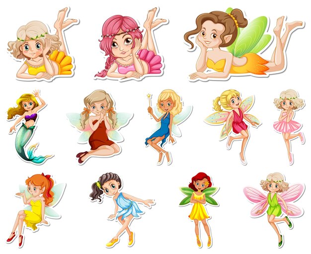 Set von Aufklebern mit schönen Feen und Meerjungfrau-Cartoon-Figur