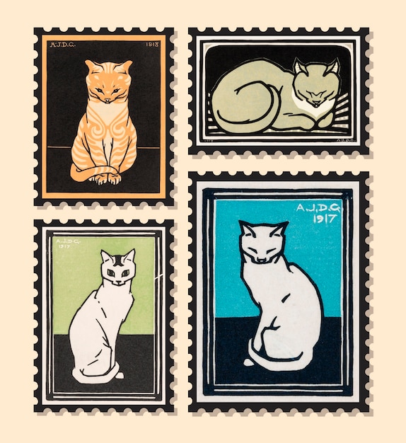 Set von briefmarken mit katzen