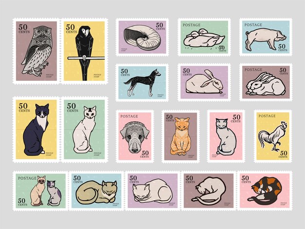Set von Briefmarken mit verschiedenen Tieren
