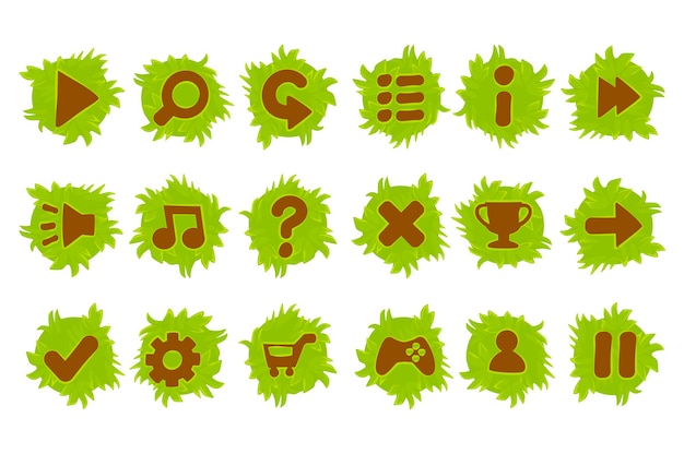 Set von cartoon farbigen knöpfen gras und boden für das spiel. isolierte symbole für die grafische benutzeroberfläche.