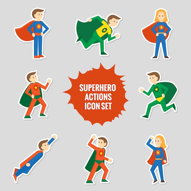 Kostenloser Vektor set von comic-charakter superhelden voller körper in aufkleber-stil vektor-illustration