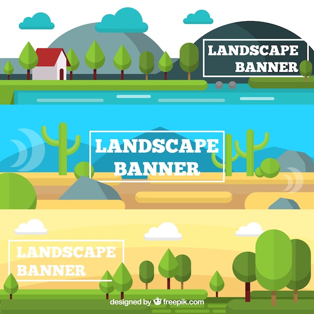 Set von drei Banner von Naturlandschaften in flaches Design