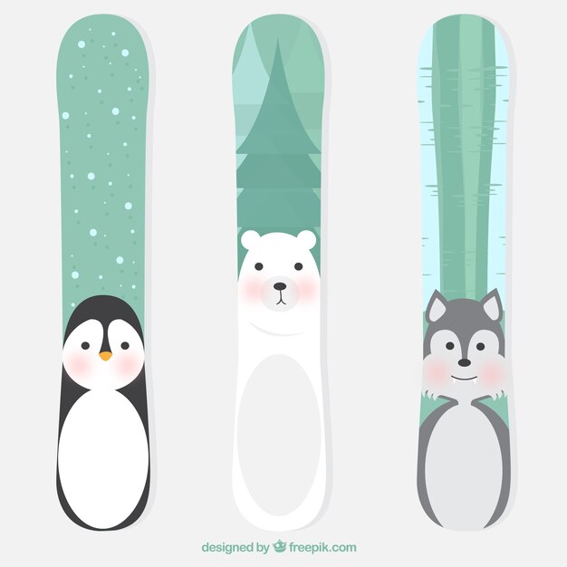 Set von drei Snowboards mit schönen Tiere