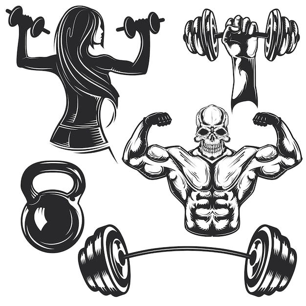 Set Von Fitness Studio Elementen Zum Erstellen Eigener Abzeichen Logos Etiketten Poster Usw Kostenlose Vektor