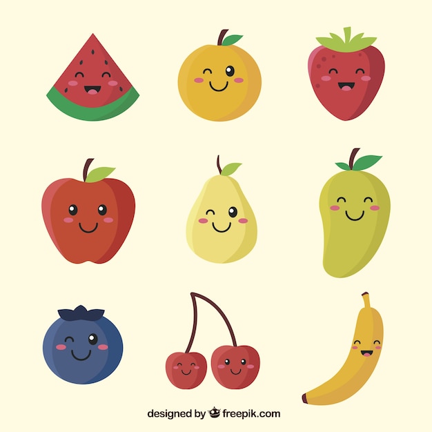 Kostenloser Vektor set von fruchtfiguren mit verschiedenen gesichtsausdrücken