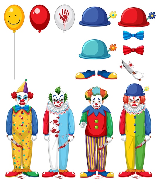 Kostenloser Vektor set von gruseligen clownfiguren und -elementen