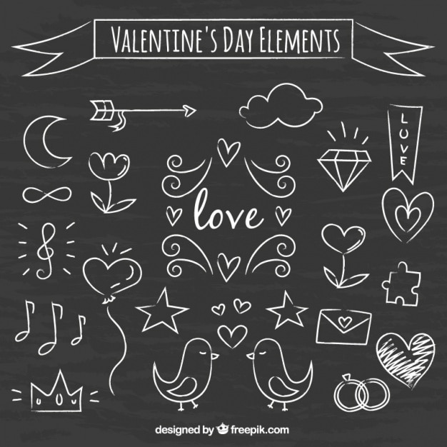 Kostenloser Vektor set von hand gezeichnet valentine elemente