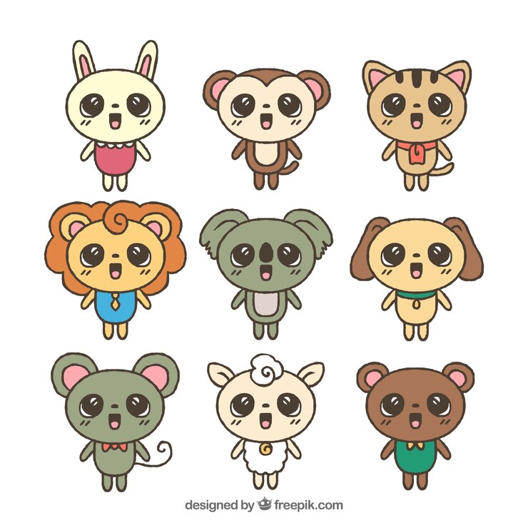 Kostenlose Vektor set von hand gezeichneten kawaii tiere