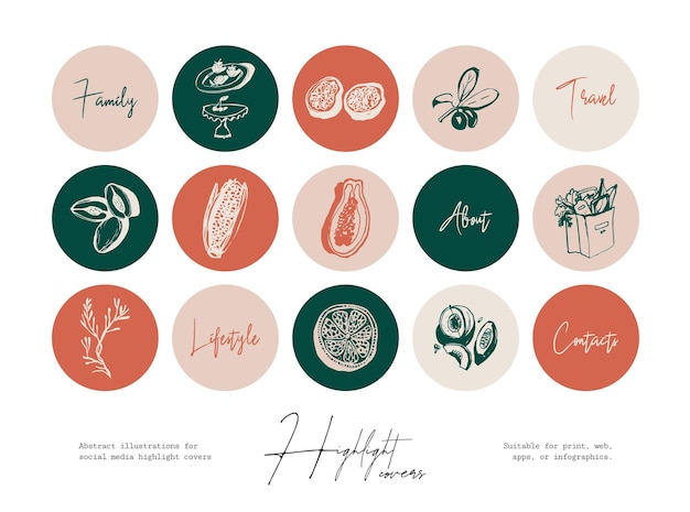 Set von handgezeichneten liniengrafiken von speisen und getränken illustrationen für social-media-highlight-cover