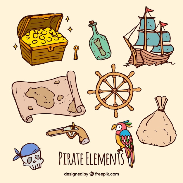 Kostenloser Vektor set von handgezeichneten piratenelementen