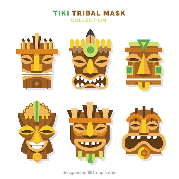 Set von hölzernen tribal tiki masken