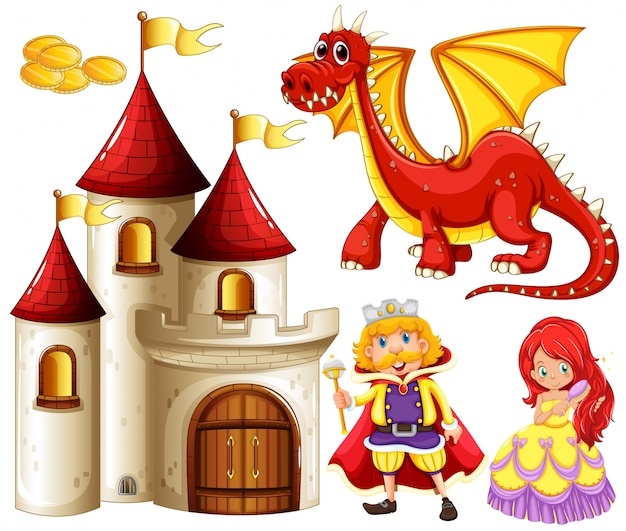 Set von Märchen mit Drachen und Schloss