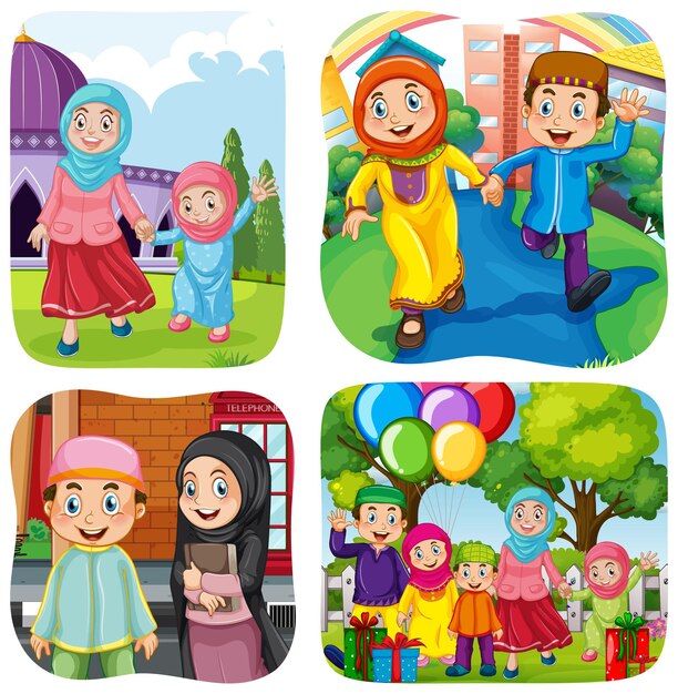 Set von muslimischen Menschen Cartoon-Figur in verschiedenen Szenen